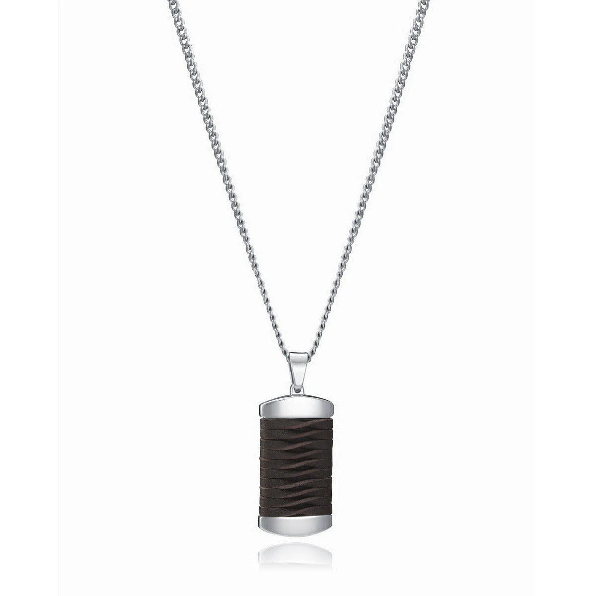 Colgante de hombre Magnum de acero con placa militar y piel trenzada marrón