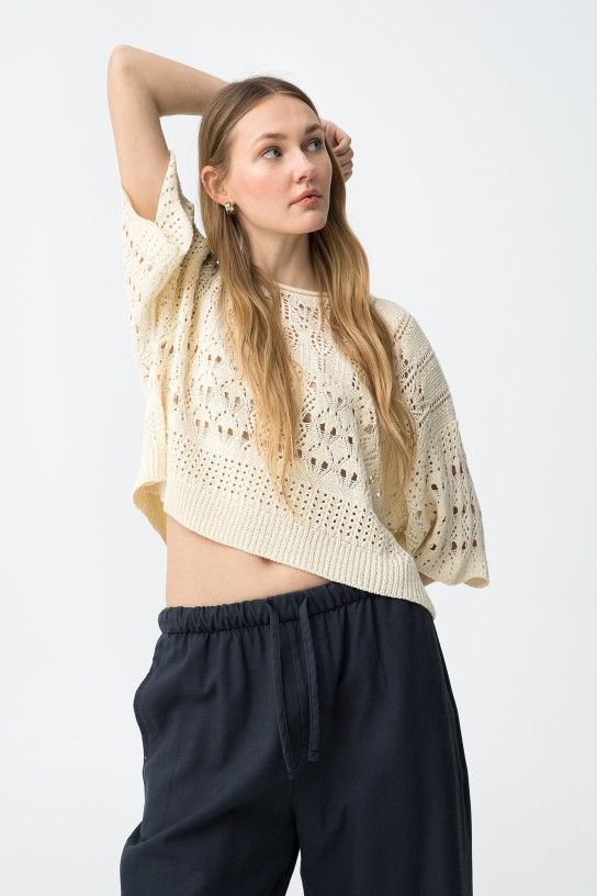 Jersey de ganchillo beige calado - Imagen 2