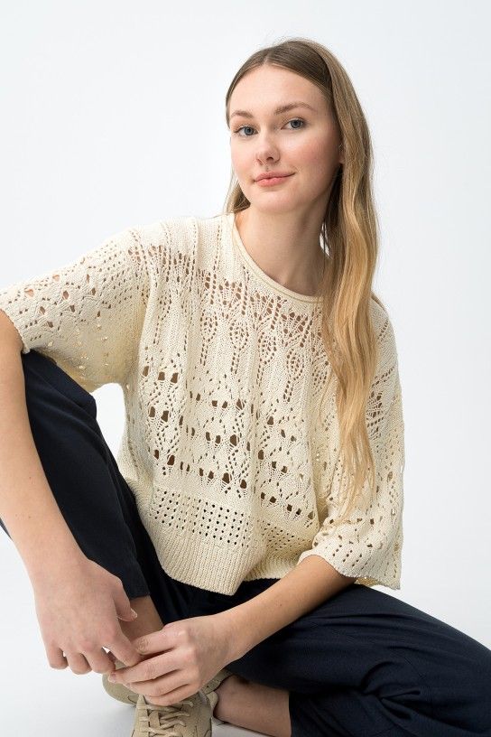 Jersey de ganchillo beige calado - Imagen 4