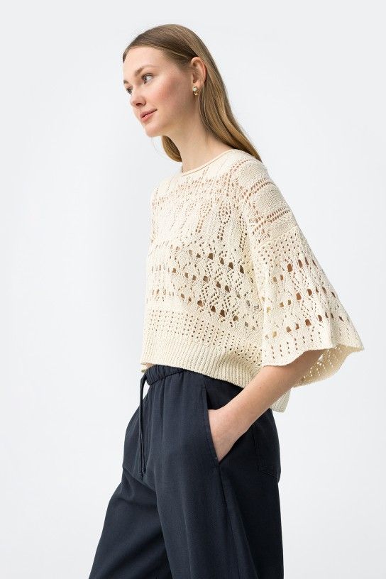 Jersey de ganchillo beige calado - Imagen 7