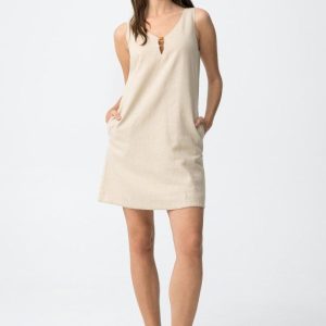 Vestido de lino con bolsillos beige Tiffosi