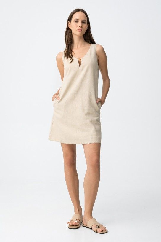 Vestido de lino con bolsillos beige Tiffosi - Imagen 2