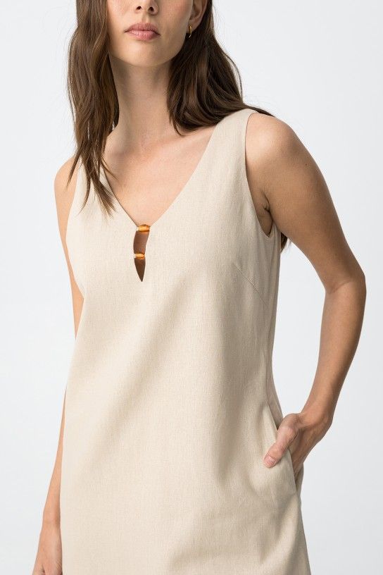 Vestido de lino con bolsillos beige Tiffosi - Imagen 5