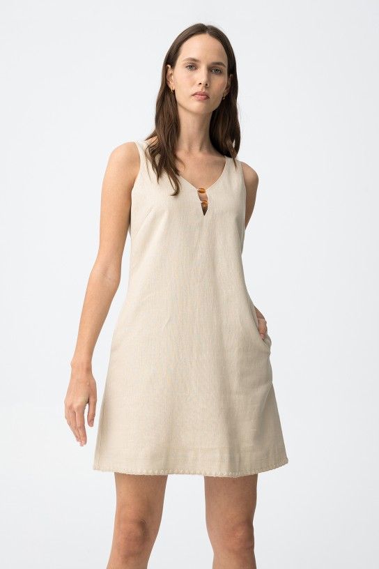 Vestido de lino con bolsillos beige Tiffosi - Imagen 4