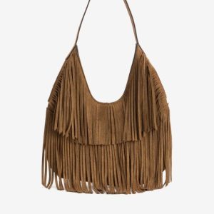 Bolso con asa larga y flecos camel Vilanova