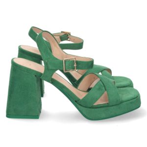 Sandalias cruzadas verdes de tacón ancho