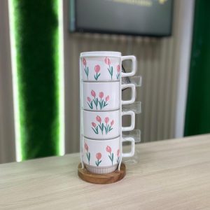 Set de 4 Tazas Apilables con Soporte – Diseño Floral Tulipanes