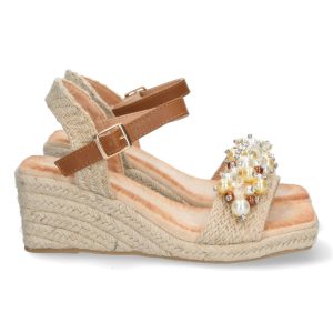 Cuña trenzada brillos beige.