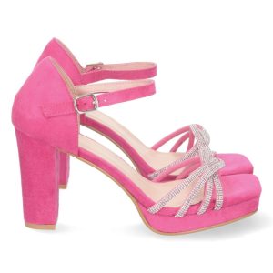 Sandalias de tacón tiras con strass fucsia