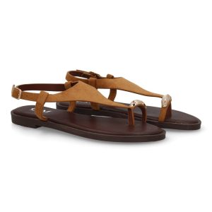 Sandalias planas camel doradas dedo
