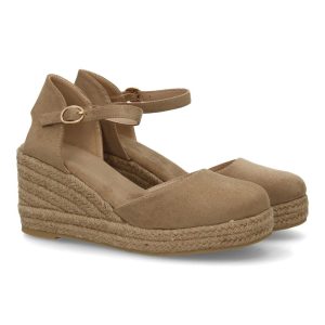 Cuña espadrille beige con correa tobillo