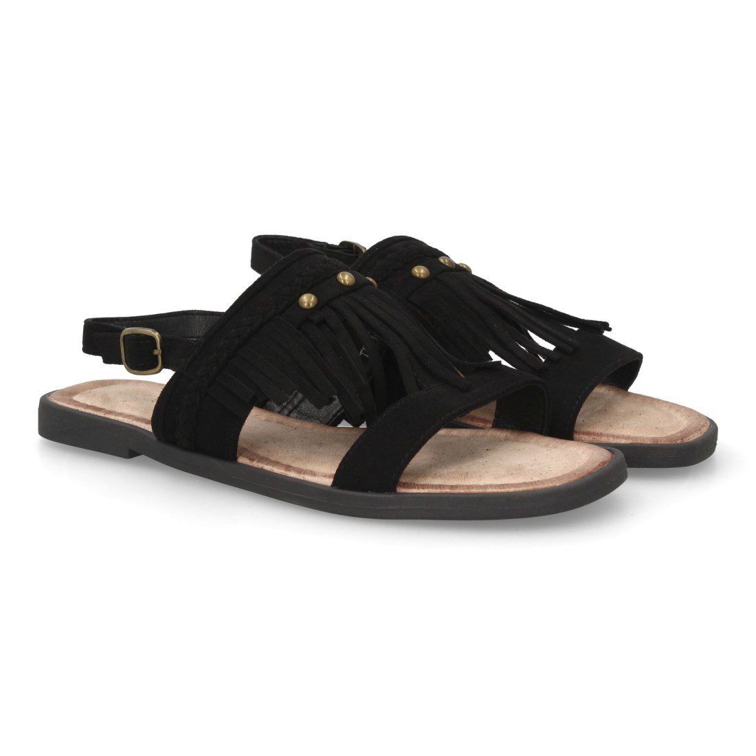 Sandalia plana boho con flecos negro