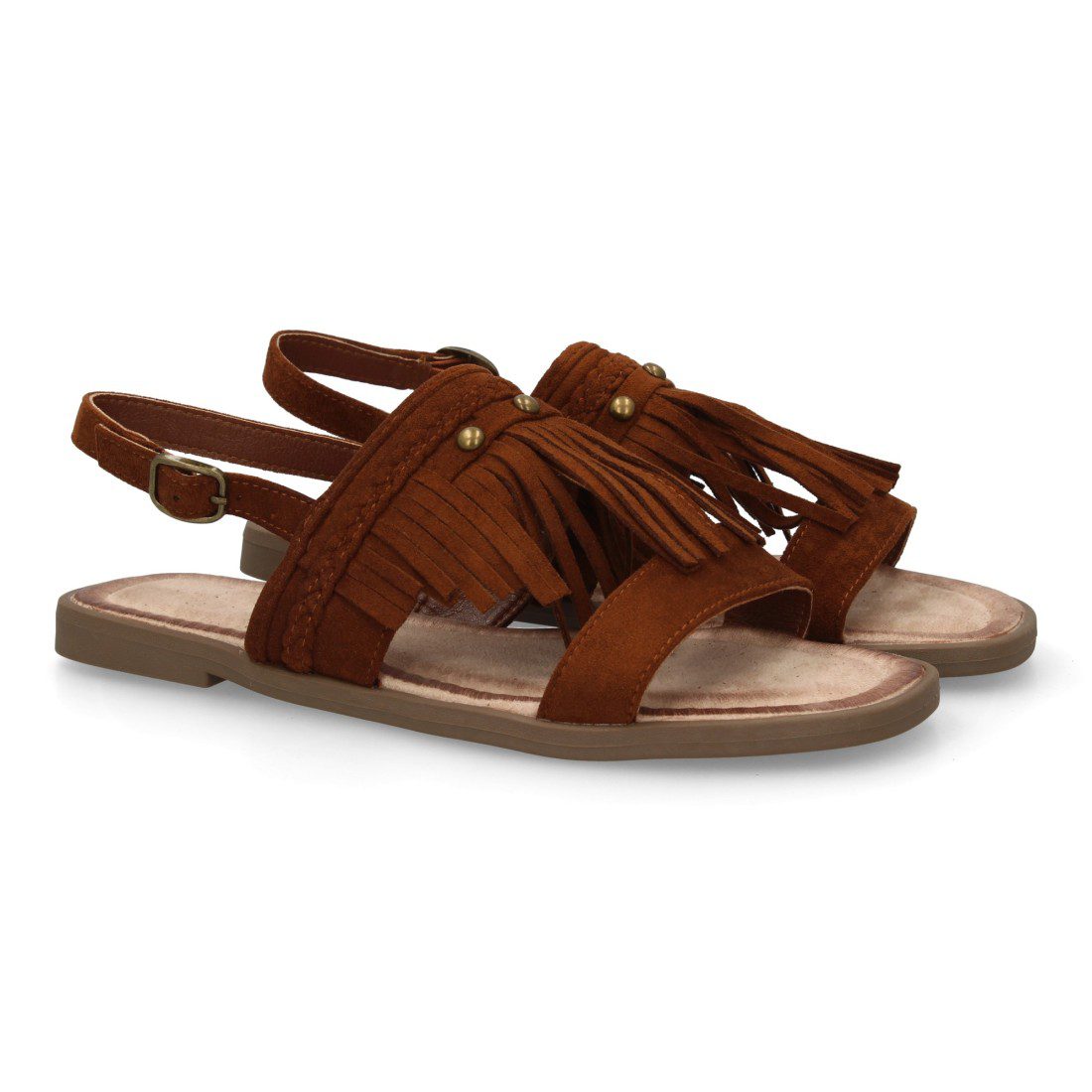Sandalia plana boho con flecos camel