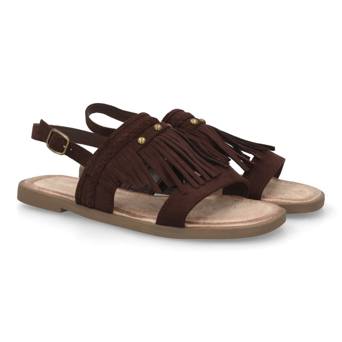 Sandalia plana boho con flecos marrón