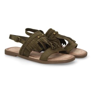Sandalia plana con flecos verde oliva