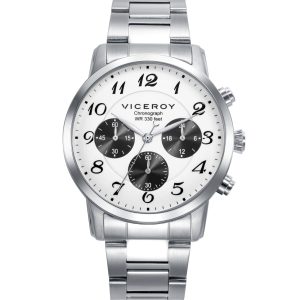 Reloj de acero con esfera blanca y cronógrafo en negro
