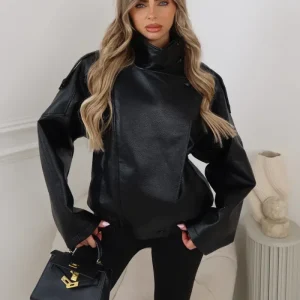 CHAQUETA DE CUELLO ALTO DE CUERO SINTÉTICO NEGRO ACE