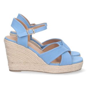 Sandalias cuña azul claro esparto hebilla