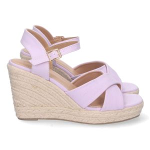 Sandalias cuña lila tira cruzada hebilla