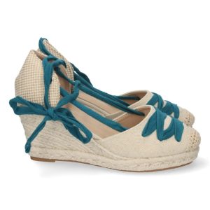 Cuña alpargata cordones azul verdoso