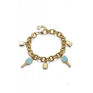 Pulsera Viceroy Chic dorada con con eslabones y abalorios de llave con esmalte azul y candados