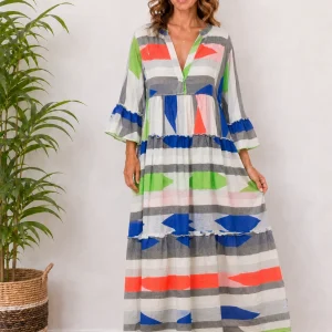 Vestido Largo Estampado Étnico Azul y Marrón