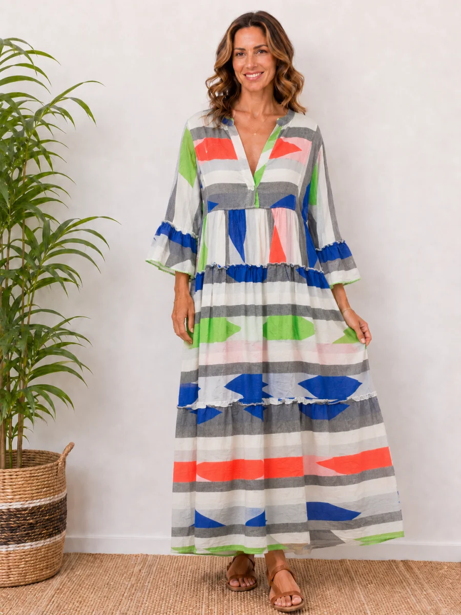 Vestido Largo Estampado Étnico Azul y Marrón