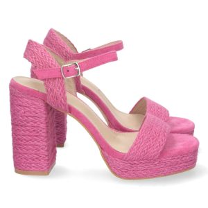 Sandalias tacón alto yute trenzado fucsia