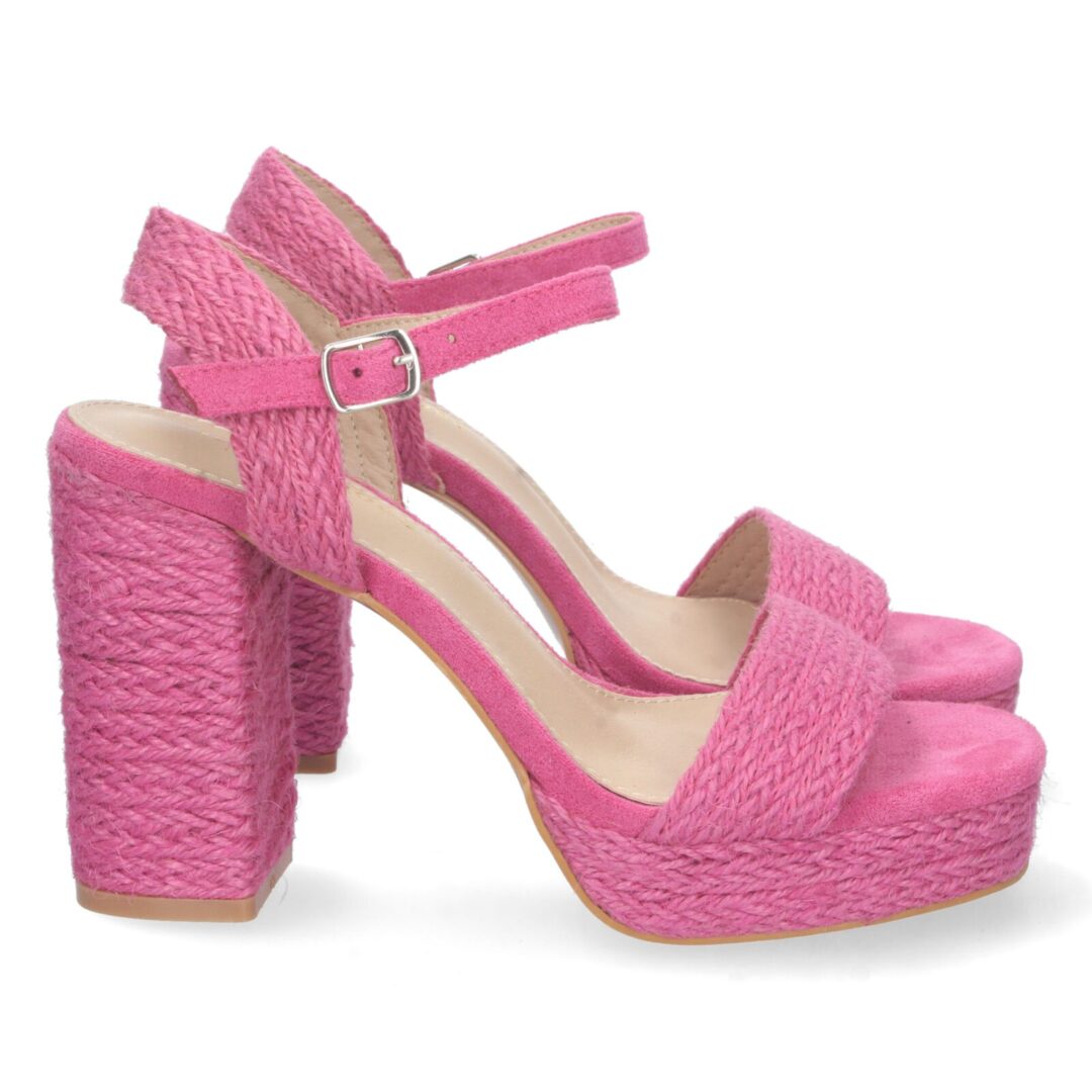 Sandalias tacón alto yute trenzado fucsia - Imagen 2