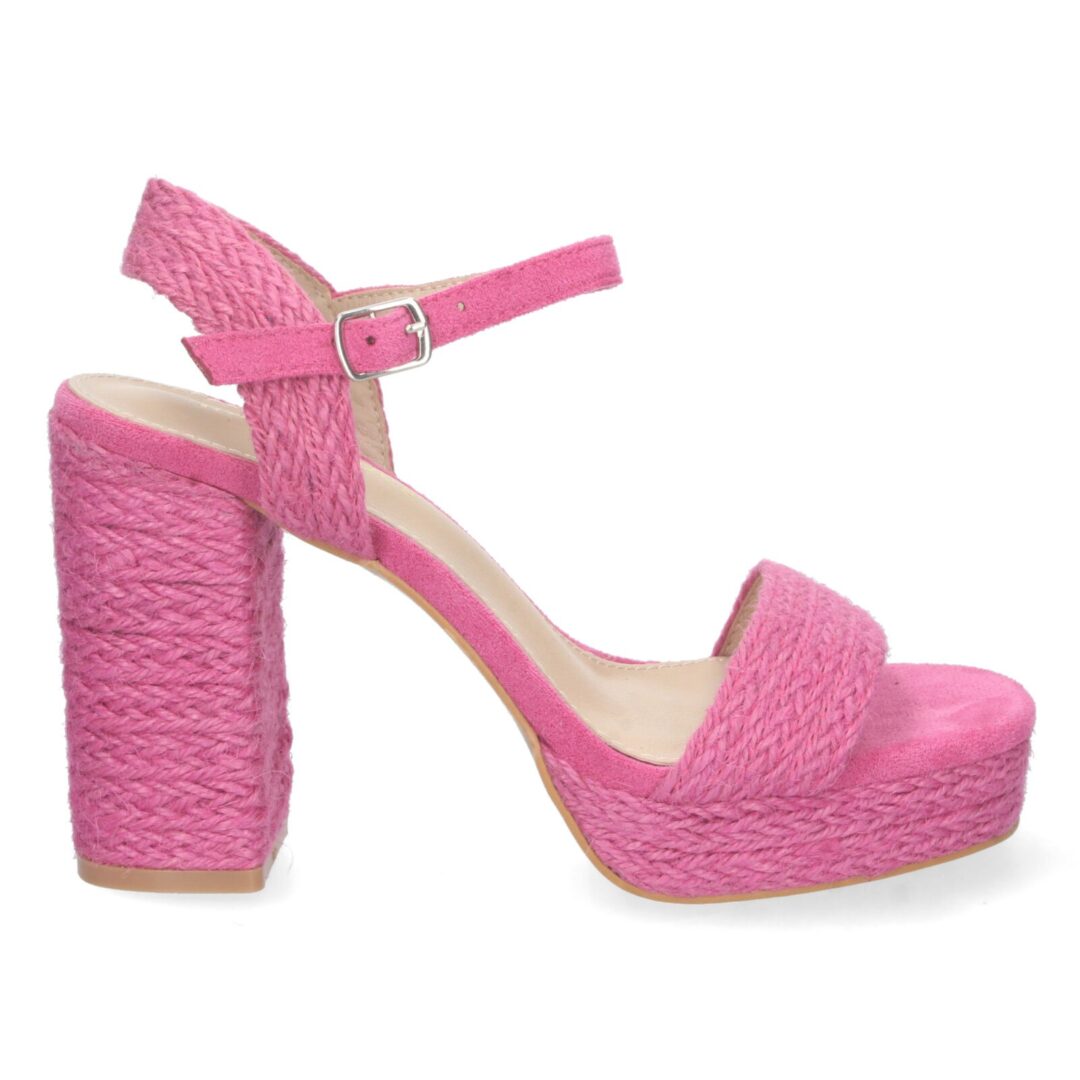 Sandalias tacón alto yute trenzado fucsia - Imagen 3