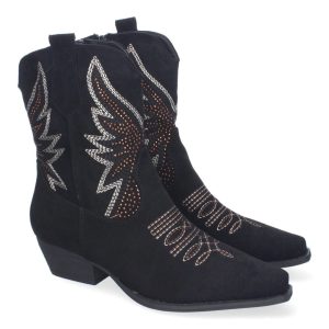 Botines Tacón Camperos Bordados Negros