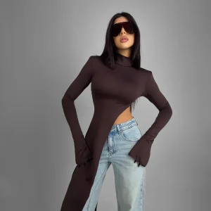 Top Mesh Marrón Manga Larga Sheer