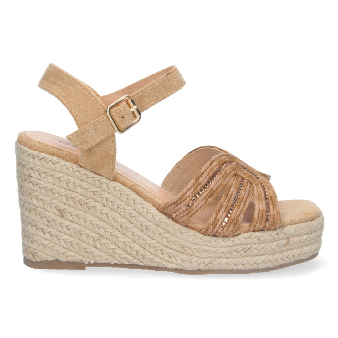 Sandalias cuña yute tiras cruzadas camel - Imagen 3