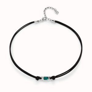 Collar UNO DE 50 de cuero bañado en plata de ley con cristal verde