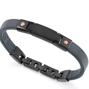 Pulsera de hombre de acero Ip negro y piel azul