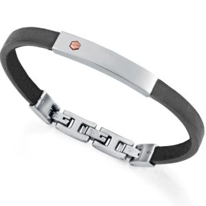Pulsera de hombre de acero y piel negra con tornillo de oro rosa 9k