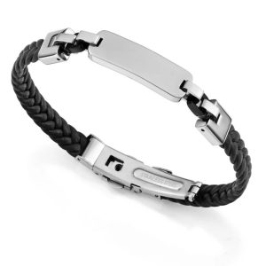Pulsera de hombre de acero e Ip negro con piel trenzada negra y placa