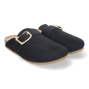 Zueco plano negro hebilla goma
