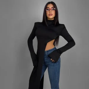 Top Mesh negro Manga Larga Sheer