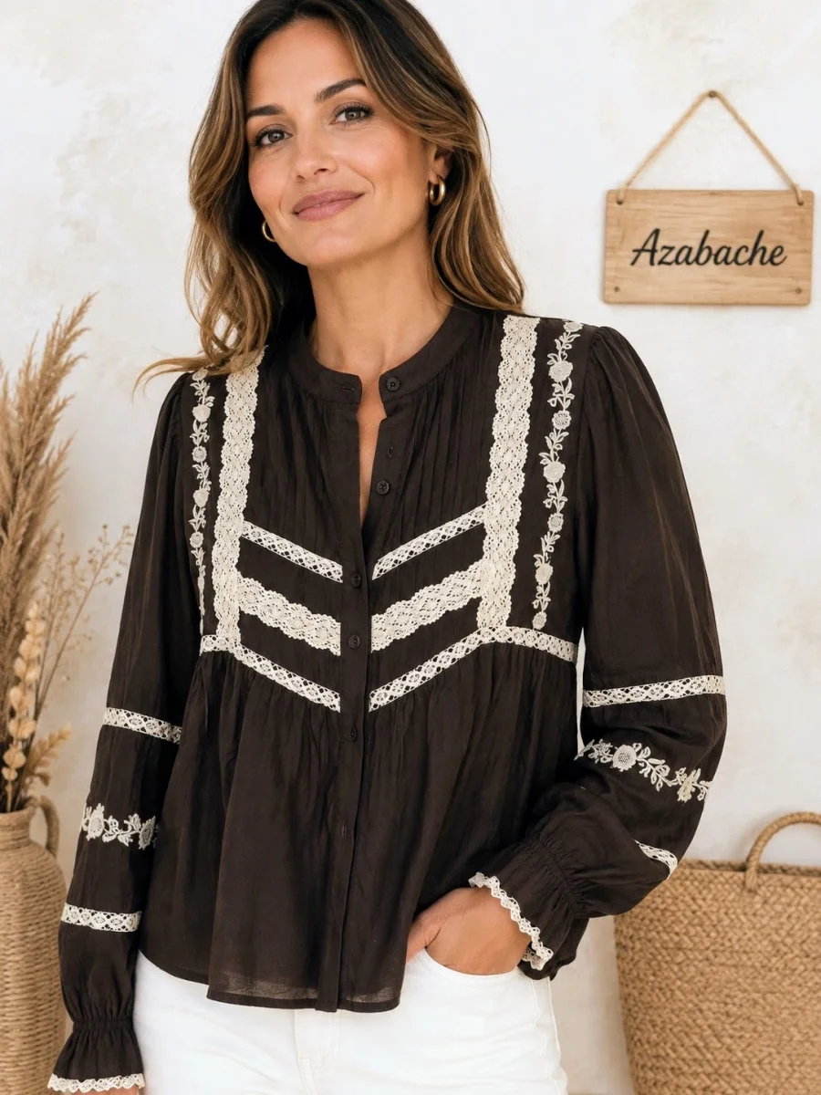 Camisa Marrón Fluida de Tencel con Bordados Florales y Puntillas - Imagen 2