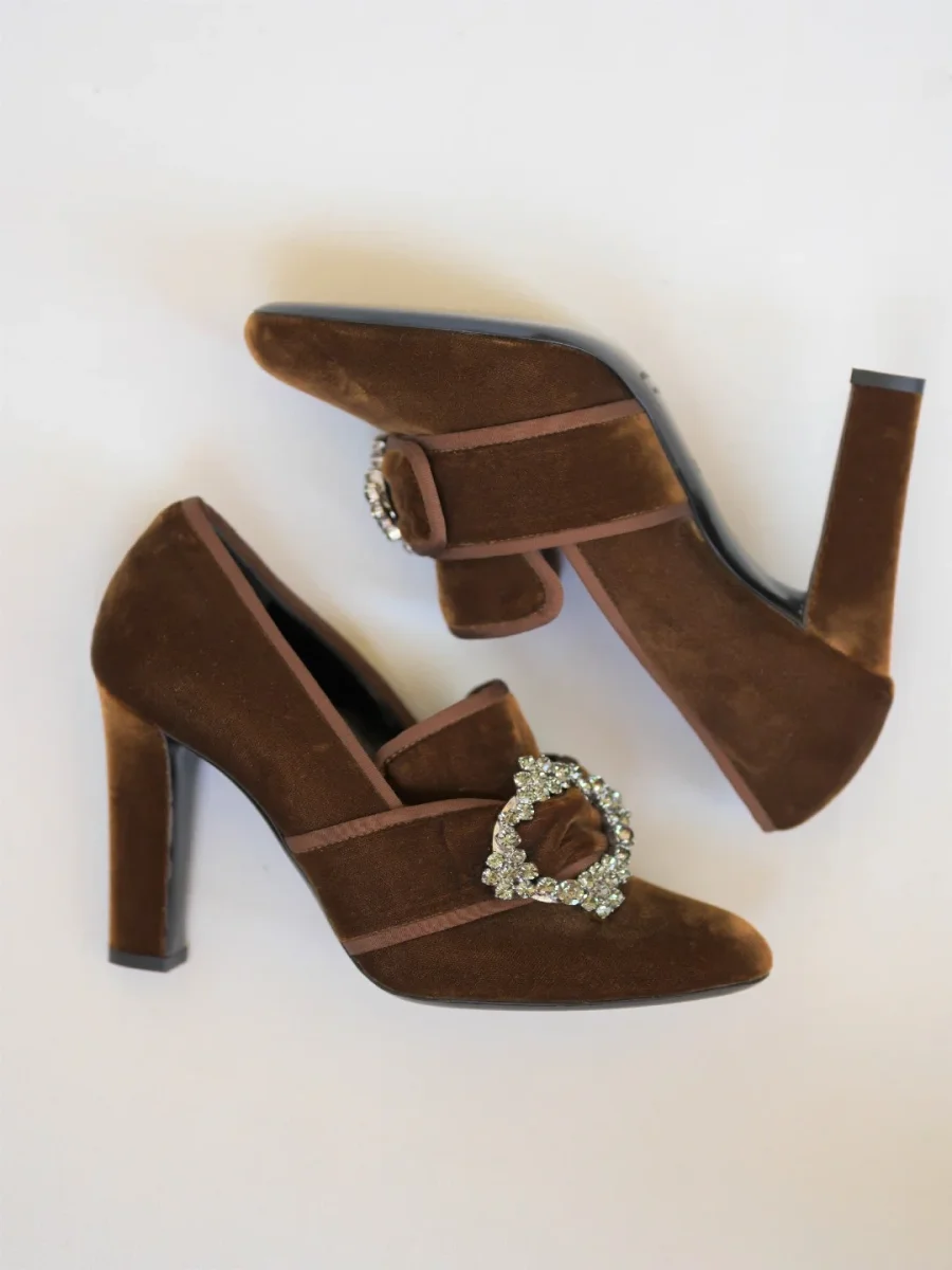 Alberta Ferretti zapatos tacón terciopelo marrón 37 Nuevos - Imagen 6