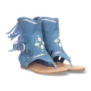 Botas boho azules con flecos y conchas