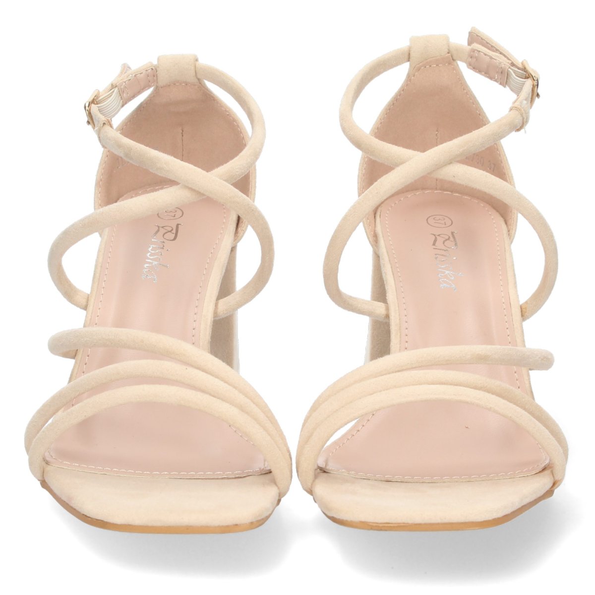 Sandalias beige cruzadas de tacón ancho - Imagen 4