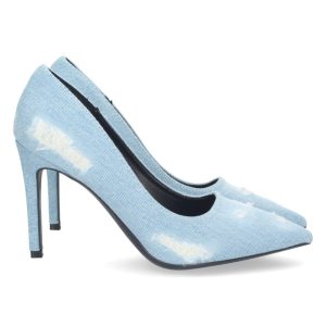 Zapato Tacón Alto Azul Diseño Rayas Plumas