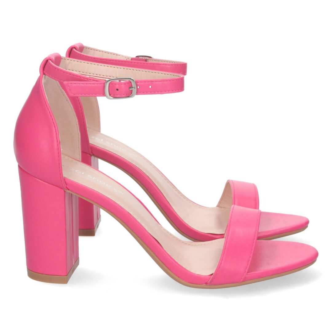 Sandalias tacón grueso fucsia hebilla