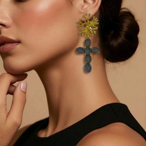 Pendientes Bisuteria Con Cruz Piedras Grises