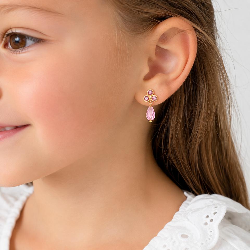 Pendientes Niña Oro 18K 3 Chatones Rosas con Piedr - Imagen 3