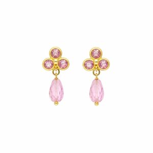 Pendientes Niña Oro 18K 3 Chatones Rosas con Piedr