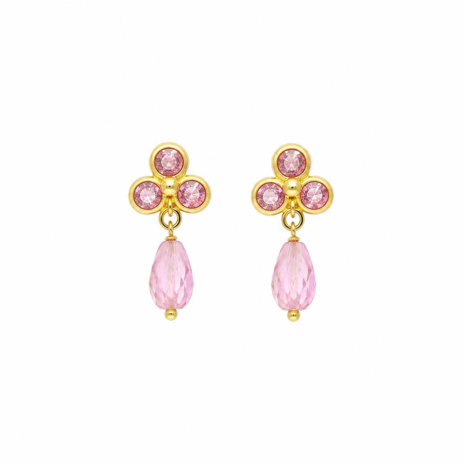 Pendientes Niña Oro 18K 3 Chatones Rosas con Piedr - Imagen 2