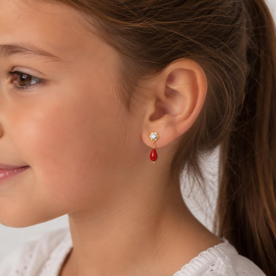 Pendientes Niña Oro 18K Coral y Circonita - Imagen 3